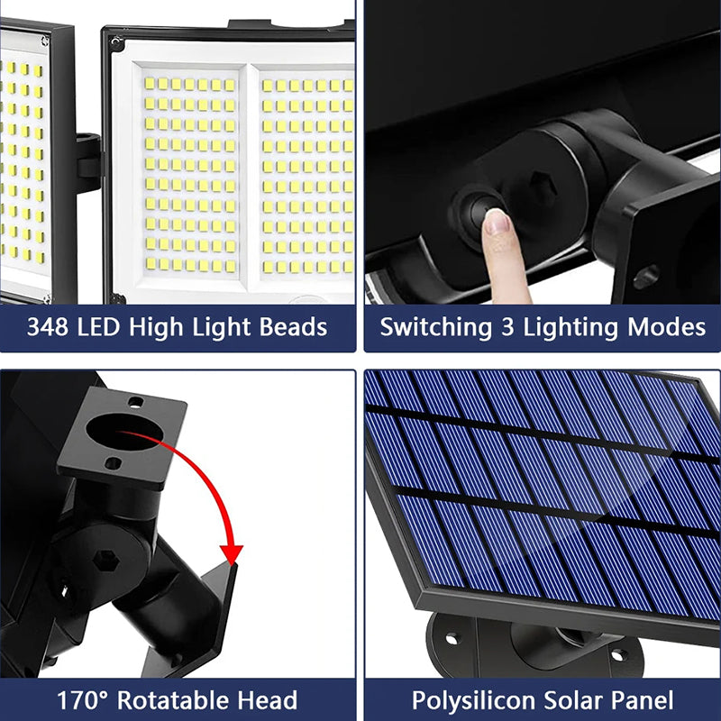 1,2 Pack Solar Lights Outdoor 348 LED Motion Sensor Lights with Remote Control 3 Head Waterproof