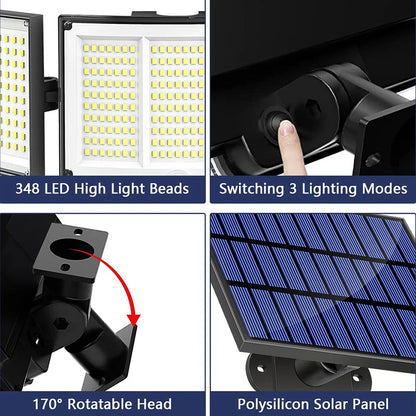 1,2 Pack Solar Lights Outdoor 348 LED Motion Sensor Lights with Remote Control 3 Head Waterproof