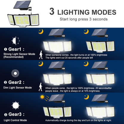 1,2 Pack Solar Lights Outdoor 348 LED Motion Sensor Lights with Remote Control 3 Head Waterproof