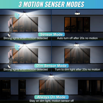 1,2 Pack Solar Lights Outdoor 348 LED Motion Sensor Lights with Remote Control 3 Head Waterproof
