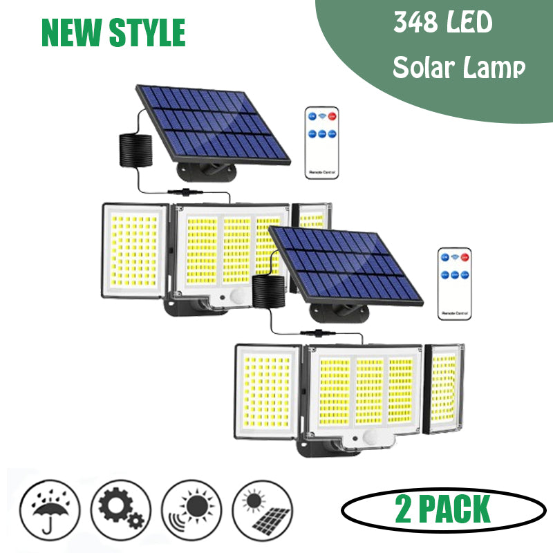 1,2 Pack Solar Lights Outdoor 348 LED Motion Sensor Lights with Remote Control 3 Head Waterproof