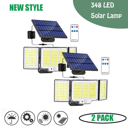 1,2 Pack Solar Lights Outdoor 348 LED Motion Sensor Lights with Remote Control 3 Head Waterproof