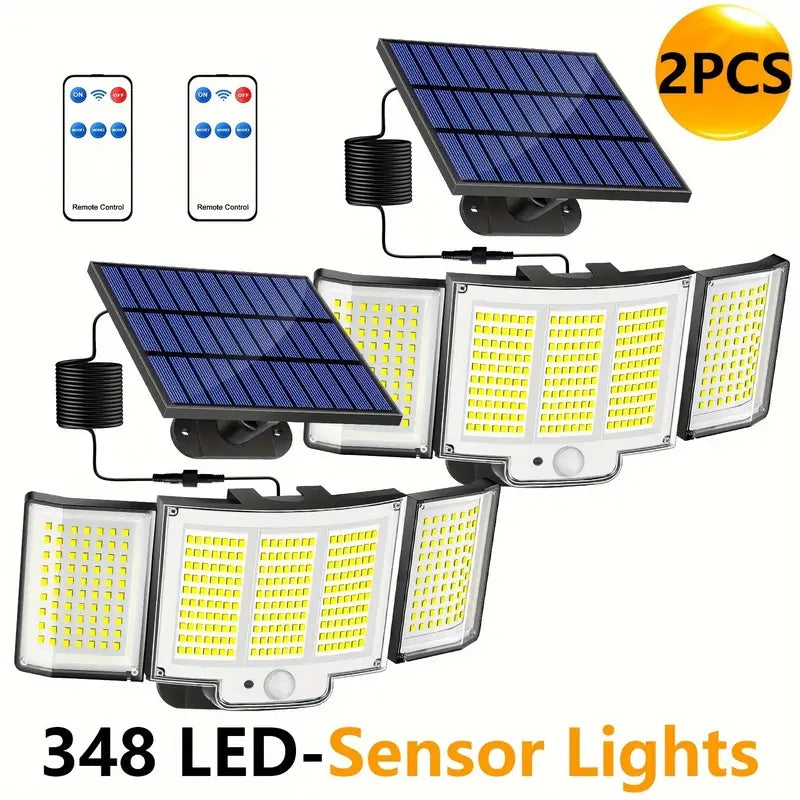 1,2 Pack Solar Lights Outdoor 348 LED Motion Sensor Lights with Remote Control 3 Head Waterproof