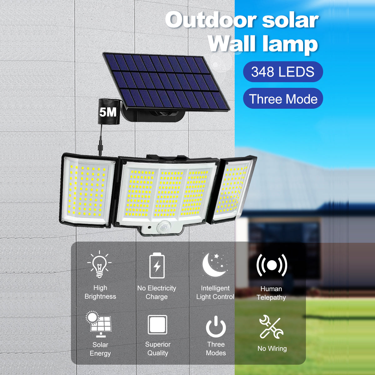 1,2 Pack Solar Lights Outdoor 348 LED Motion Sensor Lights with Remote Control 3 Head Waterproof